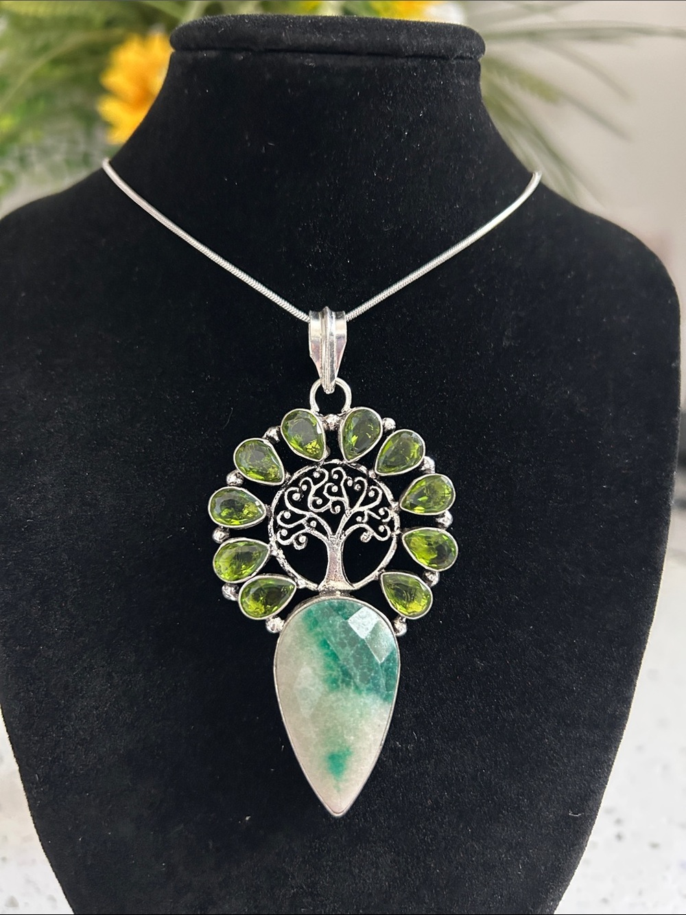 Sterling Silver Simulated Emerald & Peridot Green Tree of Life Pendant Necklace
